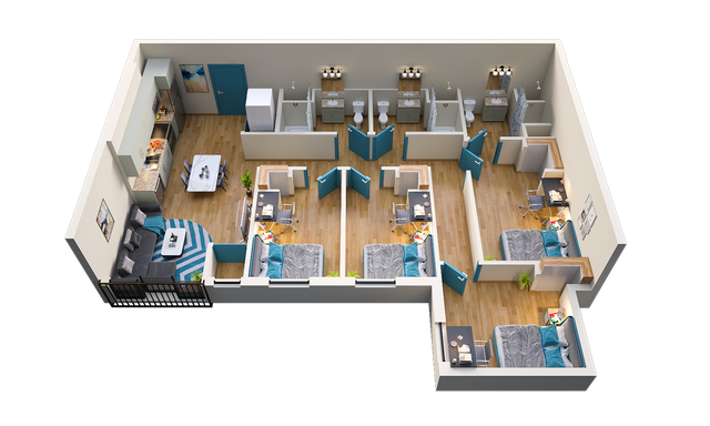 Modern 3D floor plan displaying four bedroom with 3 bathrooms, a cozy open-concept living space, and a sleek kitchen with dining area.