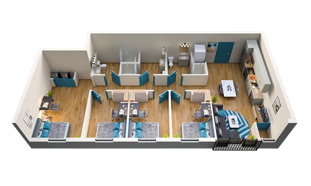 Elegant 3D floor plan showcasing four bedrooms and three bathrooms, stylish living area, modern kitchen, and cozy dining space.
