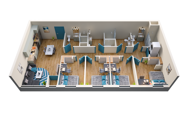3D floor plan showcasing four bedrooms with four modern bathrooms, a stylish open kitchen, and a cozy living area with elegant furnishings.