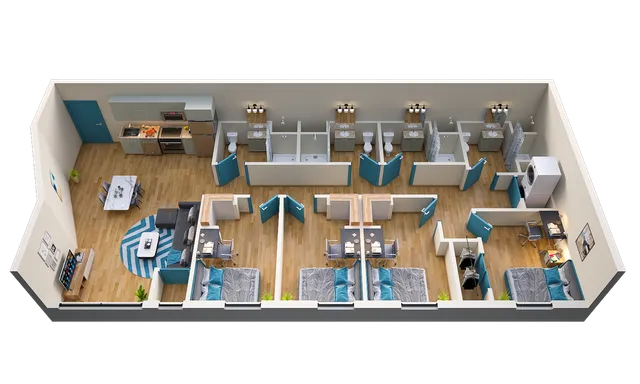 Modern 3D floor plan featuring four bedrooms and four bathrooms, a stylish open kitchen with dining area, cozy living room