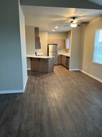 Modern open-plan kitchen with sleek wooden cabinetry, stainless steel appliances, and elegant ceiling fan, featuring rich wood flooring and abundant natural light.