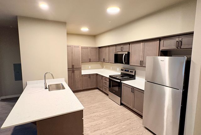 Modern kitchen with sleek stainless steel appliances, elegant cabinetry, and a spacious island with a stylish countertop.