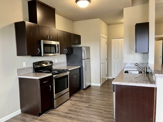 Modern kitchen with sleek dark wood cabinets, stainless steel appliances, and granite countertops, perfect for culinary enthusiasts.