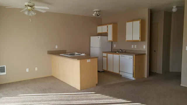 Bright open-plan kitchen with modern appliances and island counter, featuring beige tones and ample natural light.