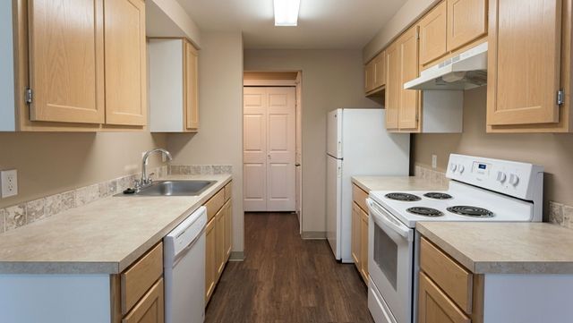 Modern kitchen with sleek countertops, wooden cabinets, and stainless steel sink.