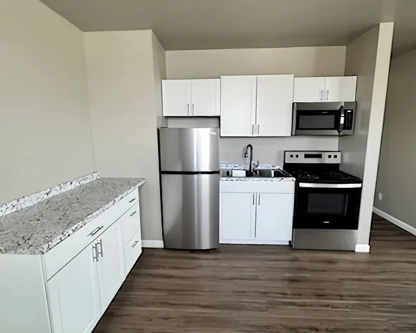 Modern kitchen with sleek white cabinetry, stainless steel appliances, and elegant granite countertops on wood flooring.