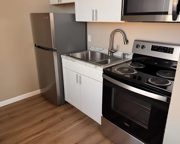 Modern compact kitchen with stainless steel appliances and stylish cabinetry, perfect for efficient cooking.