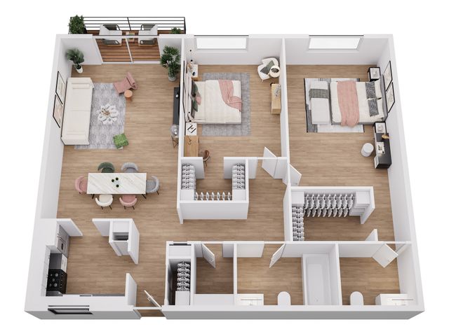 Inviting apartment floor plan showcasing cozy living room, modern kitchen, two spacious bedrooms, stylish bathroom, and a charming balcony.
