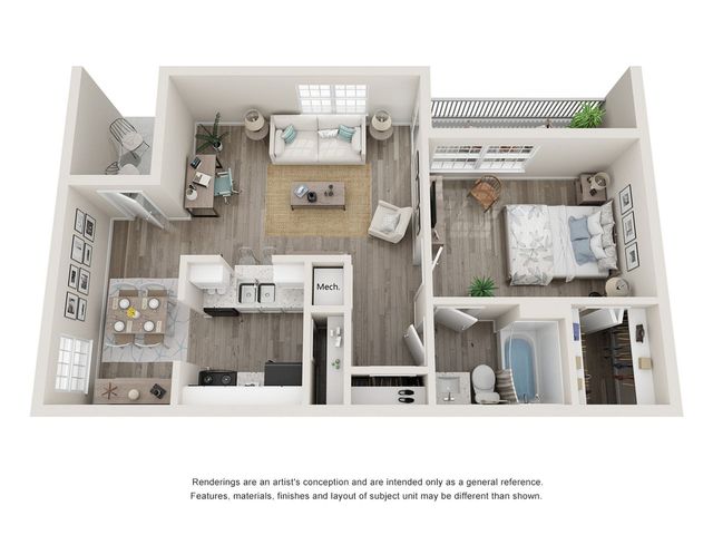 Modern apartment floor plan with one bedroom, open living area, stylish kitchen, dining space, cozy workspace, and private balcony.