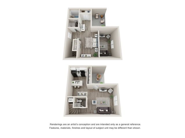 Modern 3D floor plan showcasing a duplex apartment with 2 bedrooms, a cozy living area, and a well-equipped kitchen. Spacious layout with stylish interiors and natural lighting.