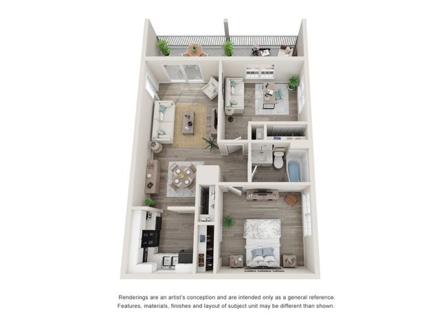 Inviting 3D floor plan featuring a spacious living area, two cozy bedrooms, modern kitchen, elegant dining room, and a scenic balcony.