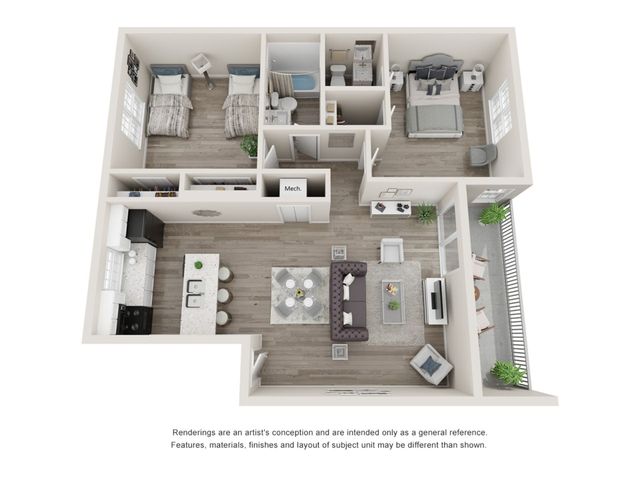 Contemporary 3D floor plan showcasing a 2-bedroom apartment with an open-concept kitchen, cozy living area, and balcony. Perfect for modern living.