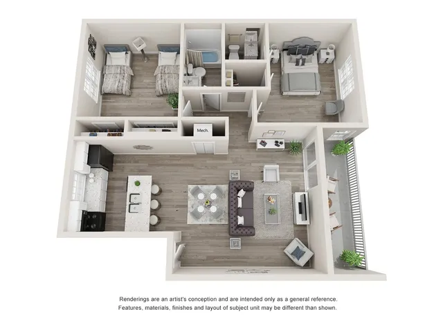 Modern 3D floor plan showcasing two stylish bedrooms, a sleek kitchen with a breakfast bar, and an open-concept living area leading to a balcony.