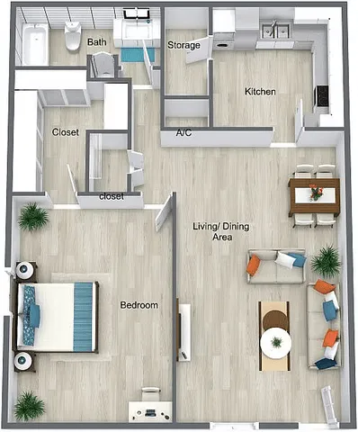 Contemporary open-plan floor layout featuring a cozy bedroom, sleek kitchen with adjacent storage, inviting living/dining area, and modern bathroom.