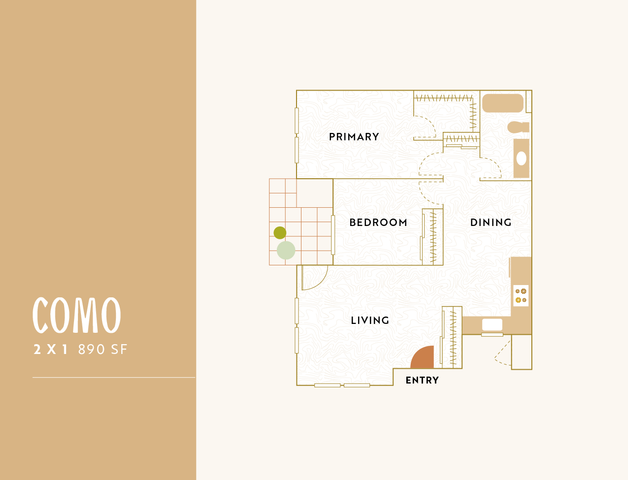 Spacious COMO floor plan layout with 2 bedrooms, an open living and dining area, and a modern kitchen, spanning 890 sq ft.