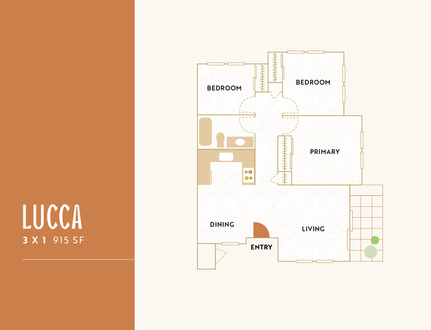 Lucca 3x1 floor plan showcasing a spacious 915 sq ft layout with two bedrooms, a primary room, dining area, and open living space.