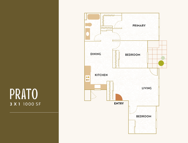 Prato floor plan showcasing 3 bedrooms, a dining area, sleek kitchen, and inviting living space in 1000 SF.