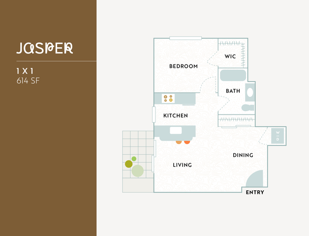 Jasper apartment floor plan featuring a spacious 1-bedroom layout with walk-in closet, modern kitchen, and combined living and dining area, 614 sq ft.