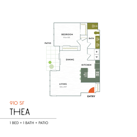 Modern 910 sq ft floor plan \'THEA\' featuring 1 bedroom, 1 bath, and a spacious patio with open living and dining areas.