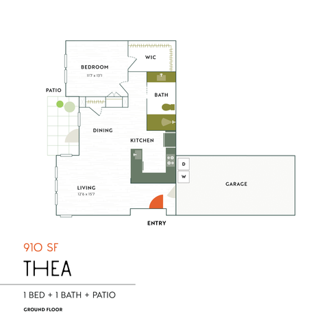 Thea floor plan showcasing 1 bed, 1 bath, open dining area, spacious living room, modern kitchen, and private patio, 910 sq ft with garage.