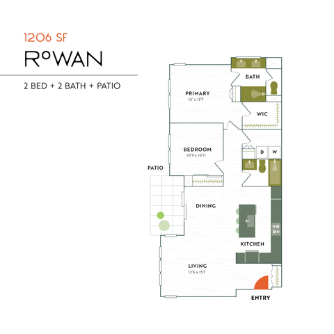 Modern 1206 sq ft Rowan apartment floor plan with 2 bedrooms, 2 baths, spacious living and dining areas, including a patio.