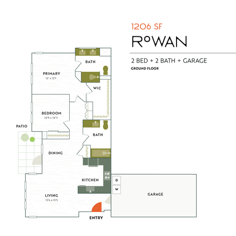 Spacious floor plan of Rowan apartment featuring 2 bedrooms, 2 baths, kitchen, open dining and living area, patio, and garage, covering 1206 sq ft.