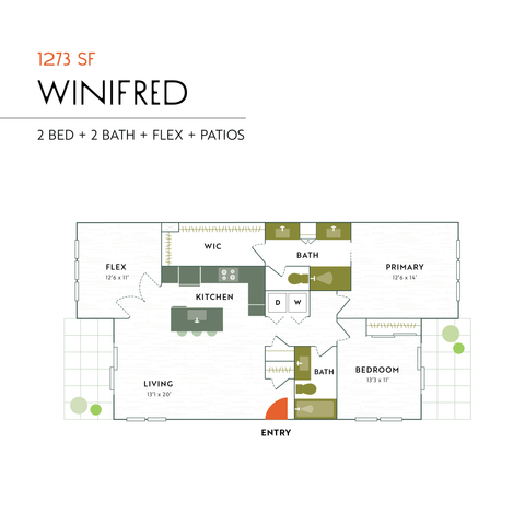 Spacious Winifred floor plan featuring 2 bedrooms, 2 baths, a flex room, walk-in closet, and patios in 1273 sq ft.