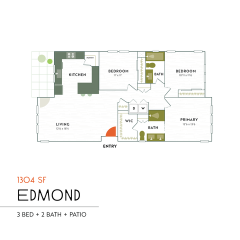 Edmond floor plan featuring 3 bedrooms, 2 baths, open kitchen, spacious living area, and a patio within 1304 sq ft.