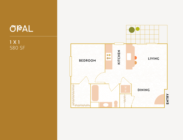 Opal floor plan showcasing a modern 1-bedroom apartment with 580 sq ft, featuring an open kitchen, cozy living area, and dining space.