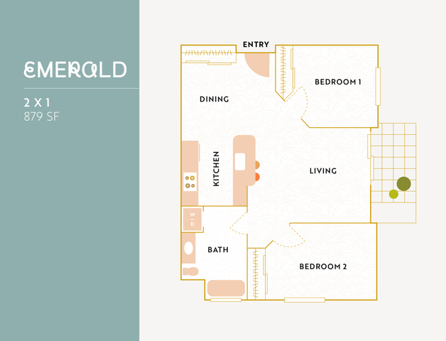 Emerald floor plan showcasing a modern 2-bedroom, 1-bath layout with an open-concept living and dining area, spacious kitchen, and balcony, measuring 879 sq ft.