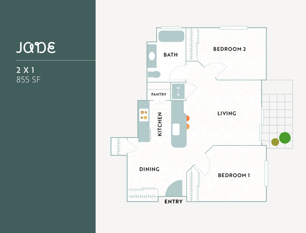Contemporary Jade floor plan featuring 2 bedrooms, 1 bath, and an open-concept living space with kitchen and dining area, 855 square feet.