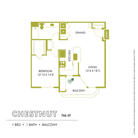 Chestnut floor plan showcasing 1 bed, 1 bath, and a charming balcony in a 746 sq ft layout. Features a welcoming living area, designated dining space, and a well-appointed kitchen.