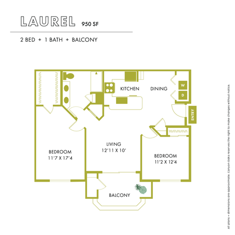 Laurel floor plan with 950 sq ft, featuring 2 spacious bedrooms, 1 elegant bathroom, inviting living area, efficient kitchen, and charming balcony.