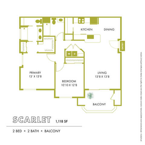 Scarlet floor plan showcasing a modern 2 bed, 2 bath apartment with a spacious living area, kitchen, dining, and balcony over 1,118 sq ft.
