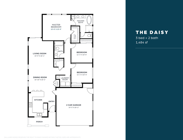 The Daisy floor plan showcases a well-designed layout with 3 bedrooms, 2 bathrooms, a spacious living room, dining area, and a functional kitchen. Includes a laundry room and a 2-car garage, totaling 1,484 sq ft.