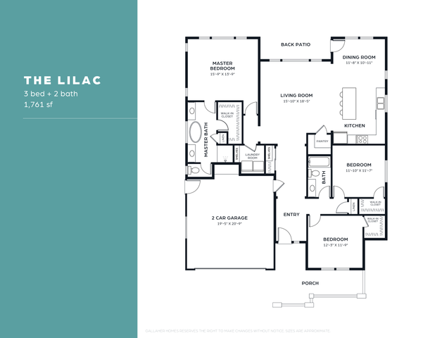 The Lilac floor plan showcasing 3 bedrooms, 2 baths, a spacious living room, dining area, and kitchen. Includes 2-car garage, back patio, and laundry room, spanning 1,761 sq ft.