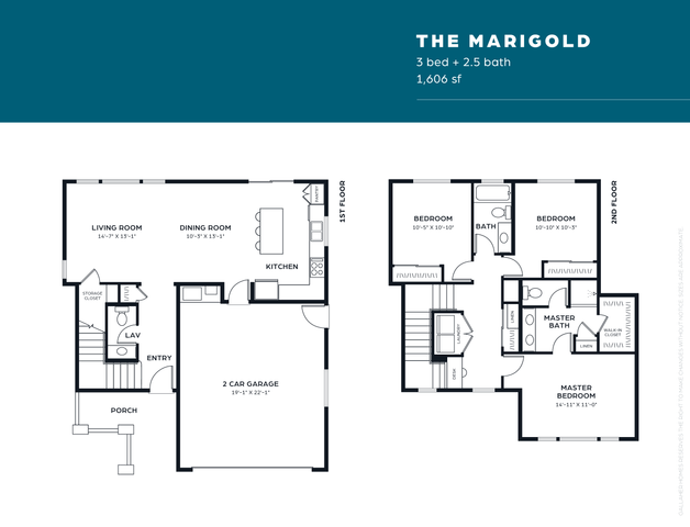 The Marigold floor plan showcasing a 3 bedroom, 2.5 bath layout with spacious living room, dining room, kitchen, and 2-car garage in 1606 square feet.