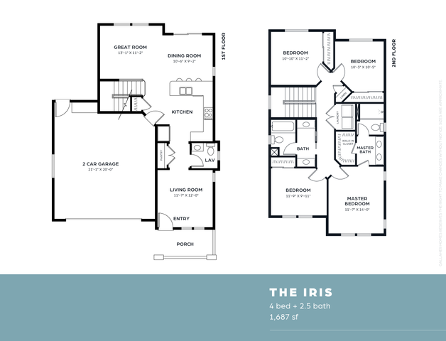The Iris floor plan showcases a 4-bedroom, 2.5-bathroom layout with a spacious great room, dining room, and modern kitchen. Includes a 2-car garage and elegant master suite. Total area of 1,687 sq ft.