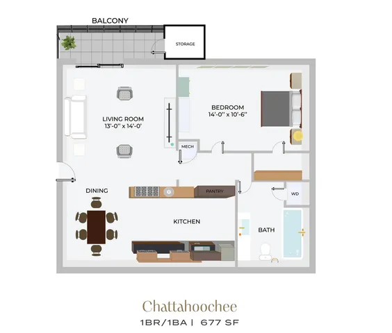 Chattahoochee floor plan showcasing a stylish 1BR/1BA layout with spacious living room, dining area, and kitchen, complete with balcony and storage, 677 sq ft.