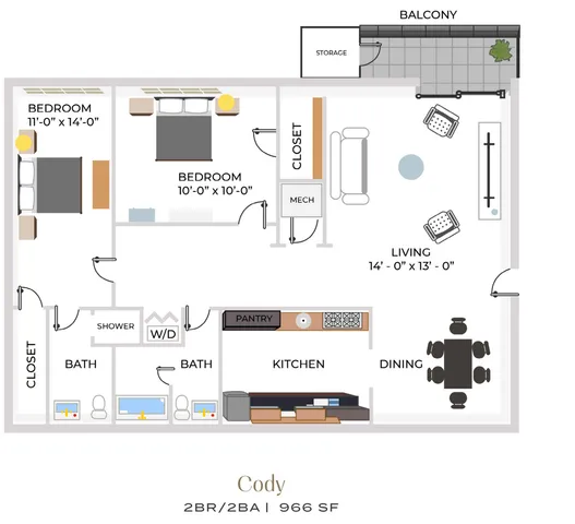 Modern floor plan of the Cody apartment featuring 2 bedrooms, 2 bathrooms, a spacious living area, and a sleek kitchen with pantry, offering 966 sq ft of elegant living space and a charming balcony.