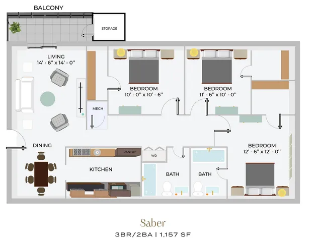 Saber floor plan featuring 3 bedrooms, 2 bathrooms, an airy living room with balcony access, a modern kitchen, and a cozy dining area, 1,157 sq ft.