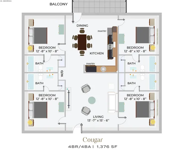 Elegant 2D floor plan named \'Cougar\', featuring 4 bedrooms and 4 bathrooms, with a spacious living area, dining section, and well-equipped kitchen. Balcony access for scenic views, all within 1,376 sq ft.