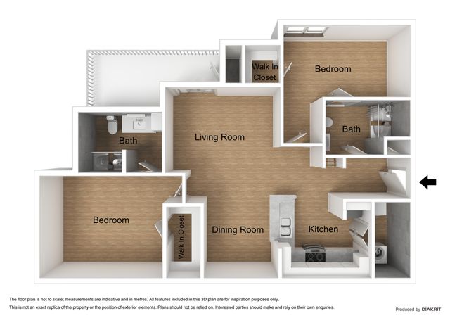 3D floor plan of a spacious apartment highlighting two bedrooms, two bathrooms, living room, dining room, kitchen, and walk-in closets.