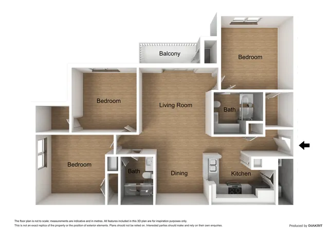 3D apartment floor plan showcasing three bedrooms, living room, kitchen, dining area, two bathrooms, and a balcony.