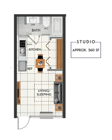 Modern studio floor plan approximately 360 sq ft featuring a versatile living and sleeping area, compact kitchen, and bathroom.