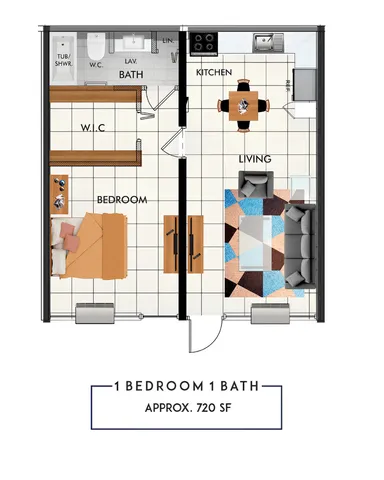 Chic 1-bedroom apartment floor plan with modern kitchen, stylish living area, and spacious bathroom, approximately 720 sq ft.