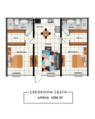 Modern floor plan showcasing 2 bedrooms and 2 bathrooms with a central living area and kitchen, approximately 1050 sq ft.