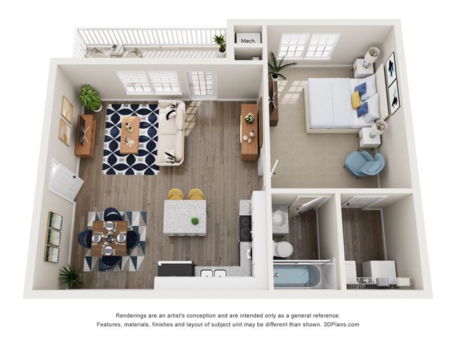 3D rendering of The Retreat one-bedroom apartment floor plan with one bathroom, living room, dining room, and porch.