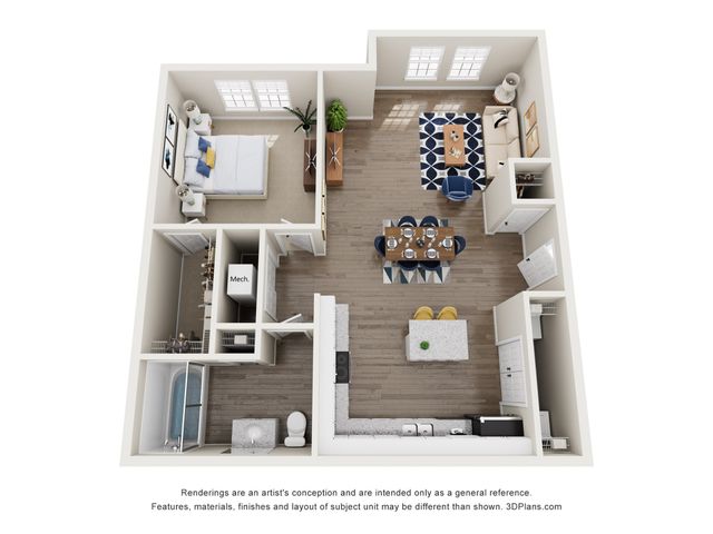 3D rendering of The Sandhills one-bedroom, apartment floor plan with one bathroom, living room, kitchen, multiple closets, and storage space.