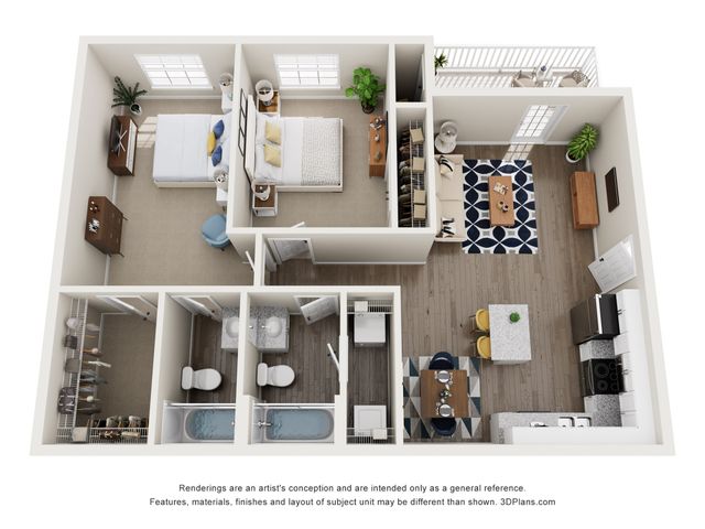 3D rendering of The Enclave two-bedroom floor plan with two bathrooms, living room, dining room, kitchen, laundry area, walk-in closet, storage, and deck.